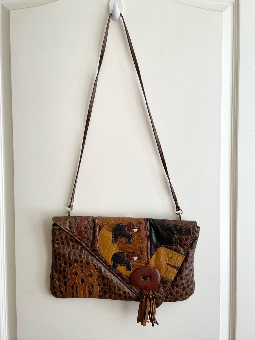 Vintage 1980s Pebble Leather Elephant Patchwork Shoulder Purse Bohemian Safari